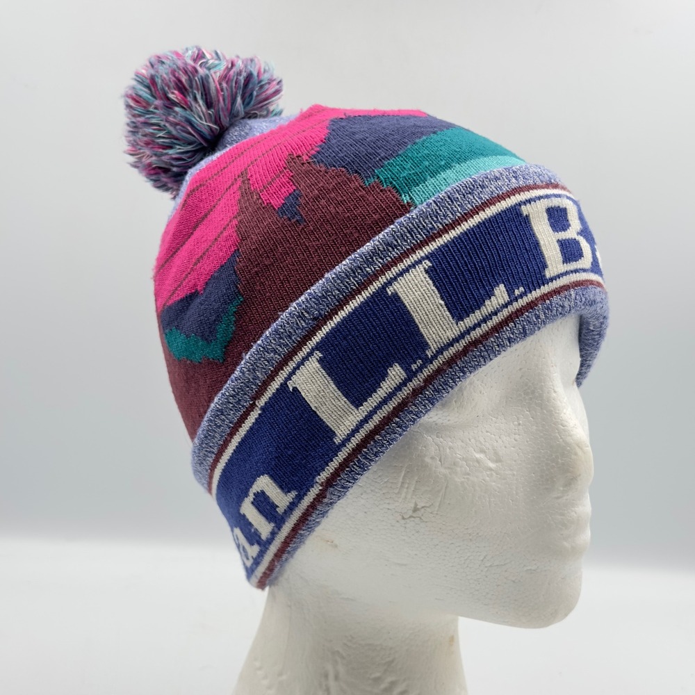 LL Bean Beanie Multi Color Retro Landscape Pom OSFA Winter Knit Hat 507431 Kids